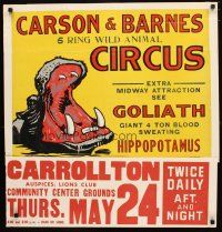 4z058 CARSON & BARNES 5 RING WILD ANIMAL CIRCUS circus poster '50s art of hippopotamus!