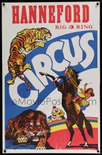 4z066 HANNEFORD CIRCUS vertical 27x42 circus poster '60s big 3-ring, art of many acts!