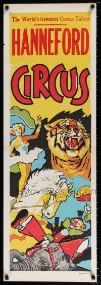 4z065 HANNEFORD CIRCUS vertical 14x42 circus poster '60s big 3-ring, art of many acts!