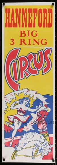 4z061 HANNEFORD CIRCUS 14x42 circus poster '60s artwork of woman on horse, big 3 ring!