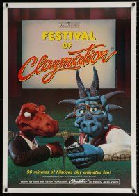 4z716 FESTIVAL OF CLAYMATION 28x40 video poster '87 Vinton, great image of dinosaurs in theater!