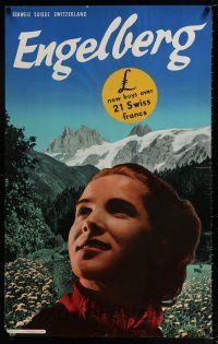 4z181 ENGELBERG 25x40 Swiss travel poster '50s image of smiling woman with mountain background!