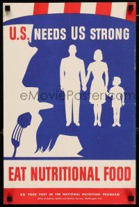 4z146 U.S. NEEDS US STRONG EAT NUTRITIONAL FOOD 13x20 WWII war poster '40s art of Uncle Sam eating