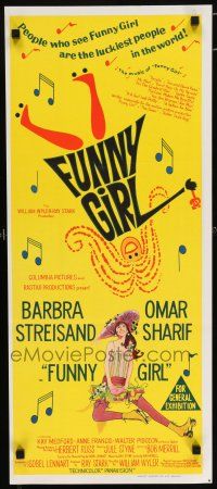 5b024 FUNNY GIRL Aust daybill '69 hand litho of Barbra Streisand, directed by William Wyler!
