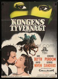 5b662 KING'S THIEF Danish '59 Ann Blyth romancing Edmund Purdom & art of masked Purdom on horse!