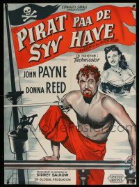 5b701 RAIDERS OF THE SEVEN SEAS Danish '54 Wenzel art of barechested pirate John Payne, Donna Reed