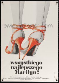 5b278 BOLDOG SZULETESNAPOT, MARILYN Polish 27x38 '81 Ekier artwork of tied-together shoes!