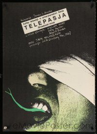 5b279 BROADCAST NEWS Polish 26x37 '89 different Pagowski art of blindfolded man w/ forked tongue!