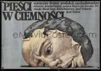 5b294 FISTS IN THE DARK Polish 27x38 '87 surreal Wieslaw Walkuski art of crushed face on a rock!