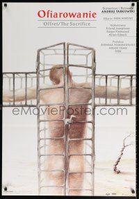 5b339 SACRIFICE Polish 27x39 '87 Andrei Tarkovsky's Offret, Kowalik art of man in cross cage!