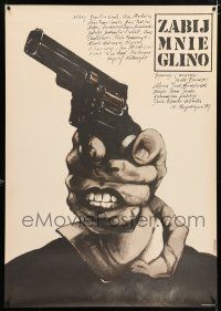 5b376 ZABIJ MNIE GLINO Polish 27x38 '87 cool surreal Andrzej Pagowski art of hand face holding gun