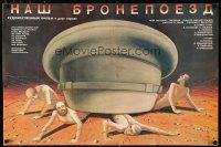 5b865 NASH BRONEPOYEZD Russian 22x33 '89 cool art of men being crushed by giant hat!