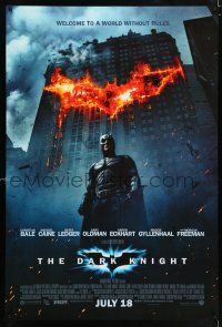 5c181 DARK KNIGHT int'l advance DS 1sh '08 Christian Bale as Batman in front of flaming building!