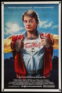 5c735 TEEN WOLF front style 1sh '85 great artwork of teenage werewolf Michael J. Fox by L. Cowell!