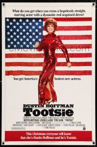 5c763 TOOTSIE advance 1sh '82 full-length Dustin Hoffman in drag by American flag!