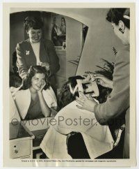 5d114 BARBARA BATES 8.25x10 still '45 getting her hair stenciled with VE for Victory in Europe Day!