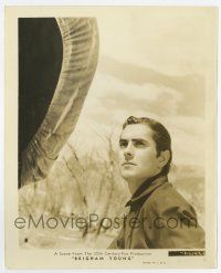 5d168 BRIGHAM YOUNG 8x10 still '40 great close up of Tyrone Power standing by covered wagon!