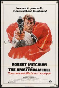 5f042 AMSTERDAM KILL 1sh '78 John Solie artwork of tough guy Robert Mitchum pointing revolver!