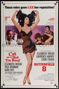 5f167 CAT ON A HOT TIN ROOF/BUTTERFIELD 8 1sh '66 art of sexy Elizabeth Taylor in nightie!