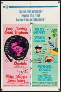 5f172 CHARADE/FATHER GOOSE 1sh '68 Cary Grant, Audrey Hepburn, Leslie Caron!