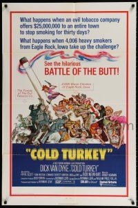 5f185 COLD TURKEY 1sh '71 Dick Van Dyke & entire town quits smoking cigarettes, great art!
