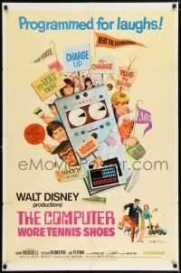 5f191 COMPUTER WORE TENNIS SHOES revised 1sh '69 Disney, art of young Kurt Russell & wacky machine!