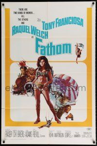 5f274 FATHOM 1sh '67 art of sexy nearly-naked Raquel Welch in parachute harness & action scenes!