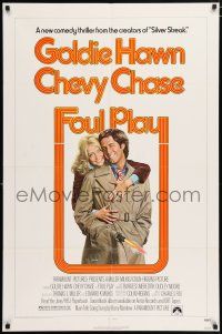 5f305 FOUL PLAY 1sh '78 wacky Lettick art of Goldie Hawn & Chevy Chase, screwball comedy!