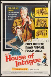 5f409 HOUSE OF INTRIGUE 1sh '59 cool artwork of spies Curt Jurgens & Dawn Addams!