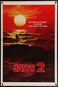 5f458 JAWS 2 undated teaser 1sh '78 classic art of man-eating shark's fin in red water at sunset!