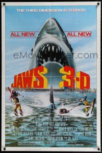 5f459 JAWS 3-D 1sh '83 great Gary Meyer shark artwork, the third dimension is terror!