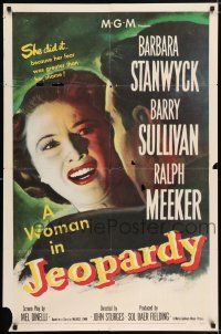 5f461 JEOPARDY 1sh '53 Barbara Stanwyck in Jeopardy, struggling with Ralph Meeker, film noir!