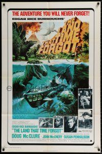 5f489 LAND THAT TIME FORGOT 1sh '75 Edgar Rice Burroughs, cool George Akimoto dinosaur art!
