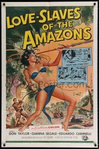 5f525 LOVE-SLAVES OF THE AMAZONS 1sh '57 art of sexy barely-dressed female native throwing spear!
