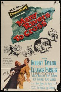 5f557 MANY RIVERS TO CROSS 1sh '55 Robert Taylor is forced to marry at gunpoint by Eleanor Parker!