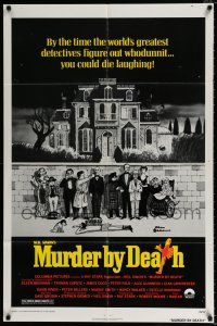 5f599 MURDER BY DEATH yellow style 1sh '76 Charles Addams art of cast by dead body & spooky house!