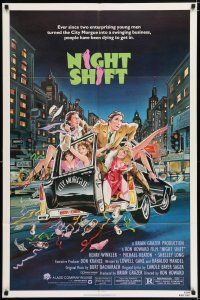 5f622 NIGHT SHIFT 1sh '82 Michael Keaton, Henry Winkler, sexy girls in hearse art by Mike Hobson!