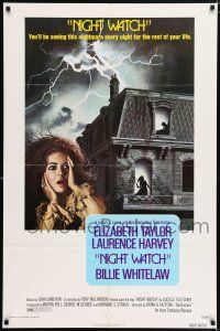 5f623 NIGHT WATCH 1sh '73 Laurence Harvey, Billie Whitelaw, art of scared Elizabeth Taylor!