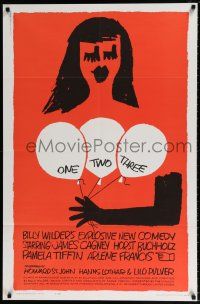 5f648 ONE, TWO, THREE 1sh '62 Billy Wilder, James Cagney, Saul Bass art of girl w/ balloons!