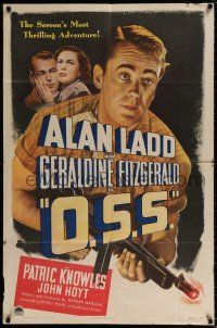 5f634 O.S.S. 1sh '46 c/u of Alan Ladd with machine gun, Geraldine Fitzgerald!