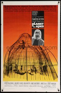 5f690 PLANET OF THE APES 1sh '68 Charlton Heston, classic sci-fi, cool art of caged humans!