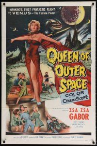 5f709 QUEEN OF OUTER SPACE 1sh '58 artwork of sexy full-length Zsa Zsa Gabor on Venus!