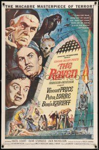 5f720 RAVEN 1sh '63 art of Boris Karloff, Vincent Price & Peter Lorre by Reynold Brown!