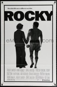 5f741 ROCKY 1sh '76 boxer Sylvester Stallone holding hands with Talia Shire, boxing classic!