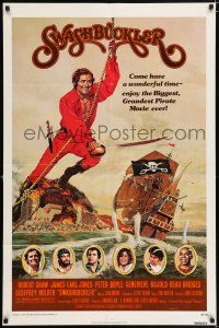 5f827 SWASHBUCKLER 1sh '76 art of pirate Robert Shaw swinging on rope by ship by John Solie!