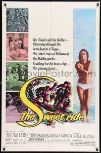5f830 SWEET RIDE 1sh '68 1st Jacqueline Bisset standing topless in bikini, cool surfing art!