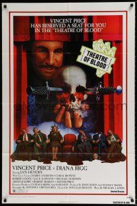 5f862 THEATRE OF BLOOD 1sh '73 great art of Vincent Price holding bloody skull w/dead audience!
