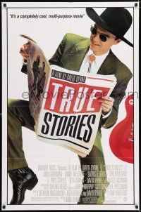 5f909 TRUE STORIES style B 1sh '86 giant image of star & director David Byrne reading newspaper!
