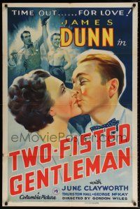 5f914 TWO-FISTED GENTLEMAN 1sh '36 artwork of boxer James Dunn in ring & kissing June Clayworth!