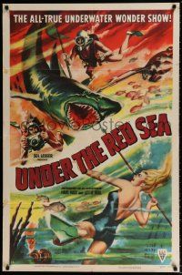 5f916 UNDER THE RED SEA style A 1sh '52 cool art of scuba divers & sexy swimmer fighting shark!